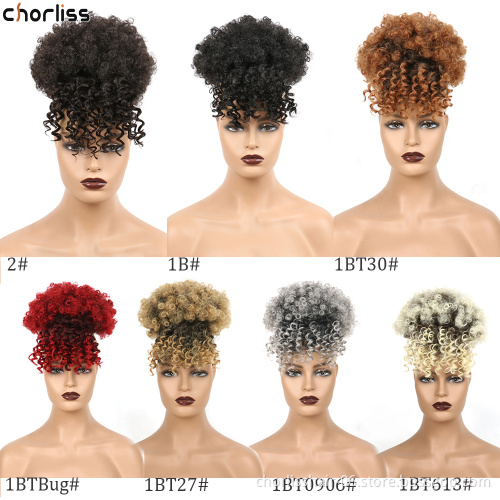 Best Selling Mutl-Color 4 Inch Real Curly Messy Bun For Women Kinky Curl Puff Afro Drawstring Synthetic Chignon With Bangs